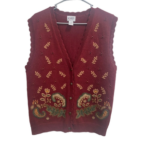 Koret Patterned Embroidered‎ Embellished Sweater Vest size Medium Burgundy Brown